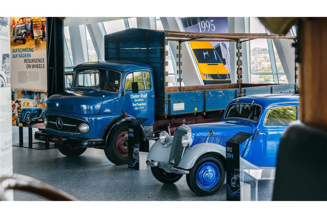 Unter anderem ein L911 von 1966 und ein 170 V von 1952 sind in der Sonderausstellung im Mercedes-Benz Museum zu sehen.
