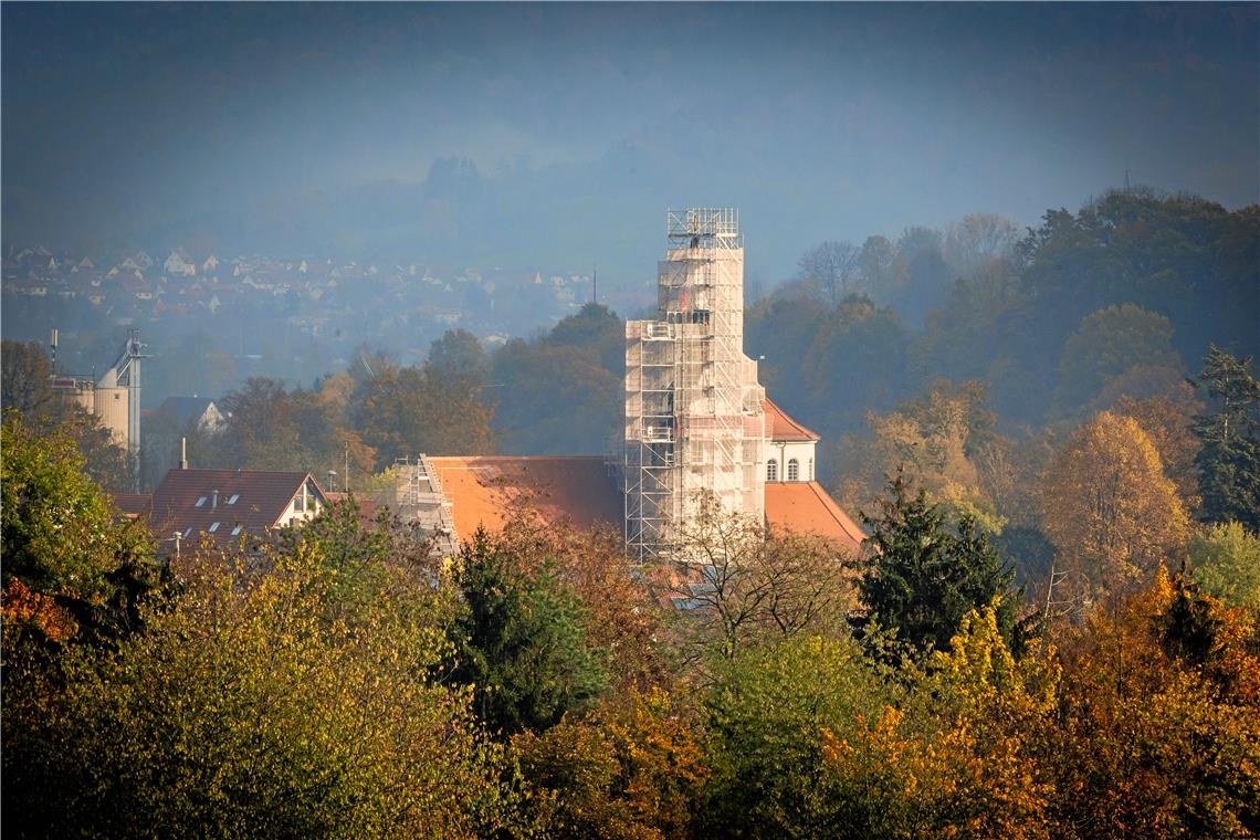 „Der Turm steht nur durch Gottes Gnade“ - Baustopp in Oppenweiler Unter dem Gerüst, das den Kirchturm der Jakobuskirche einschließt, verbirgt sich ein ungeahnter Schaden. Foto: Alexander Becher