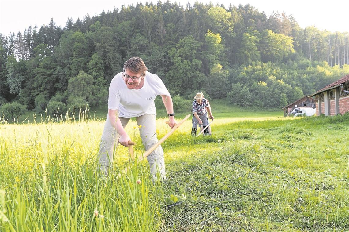 Sensen für den virtuosen Hausgebrauch Unter der Anleitung der Dozenten (Gerhard Rickert hinten) stellt sich bei Christine Schick ein Hauch von Rhythmus und Flow ein. Foto: J. Fiedler