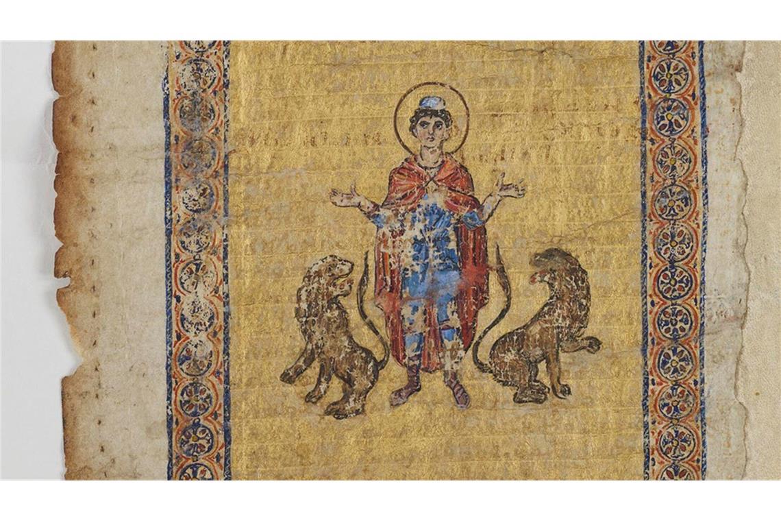 Unter dieser christlichen Illustration verbirgt sich eine byzantinische Abschrift eines Lehrtextes von Archimedes. Diese Seite des Archimedes-Palimpsests wurde erst jetzt wiedergefunden.