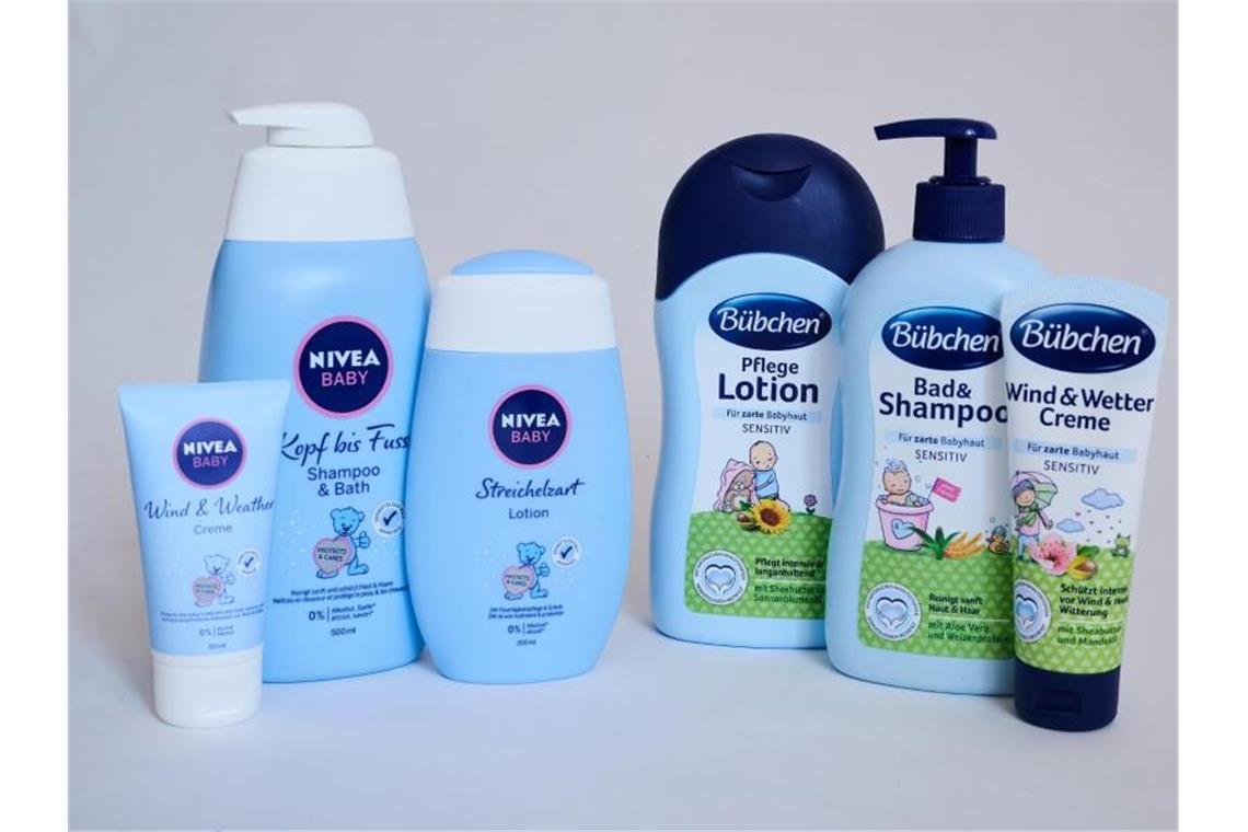 Bübchen geht im Rechtsstreit mit Beiersdorf in Berufung Unterschiedliche Pflege-Produkte für Babys der Marken Bübchen und Nivea. Foto: Annette Riedl/dpa