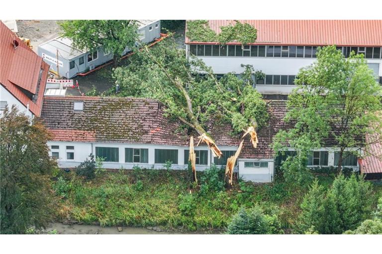 Unwetter in Baden-Württemberg - in Oppenweiler fielen mehrere Bäume auf das Dach eines Firmengebäudes.