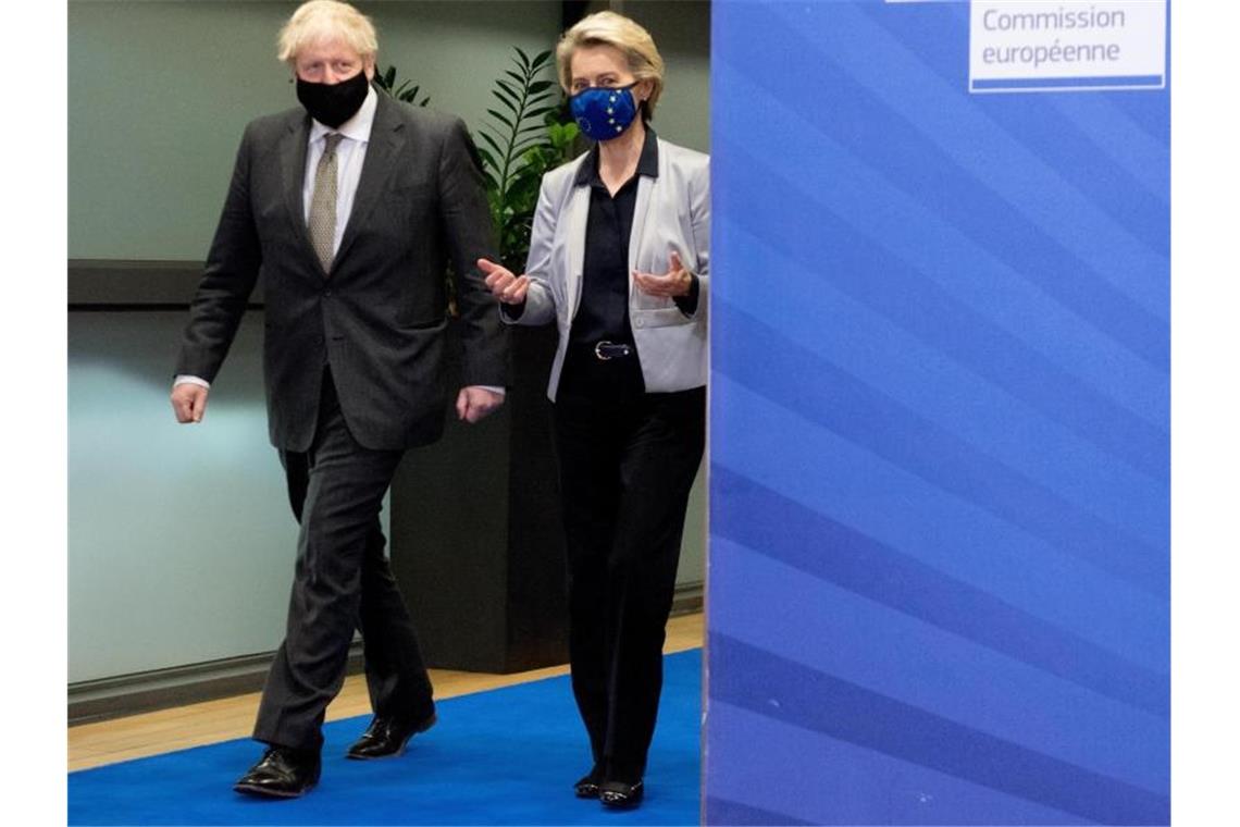 Ursula von der Leyen (r), Präsidentin der Europäischen Kommission, und Boris Johnson, Premierminister von Großbritannien, kommen zu ihrem Treffen zusammen. Foto: ---/XinHua/dpa