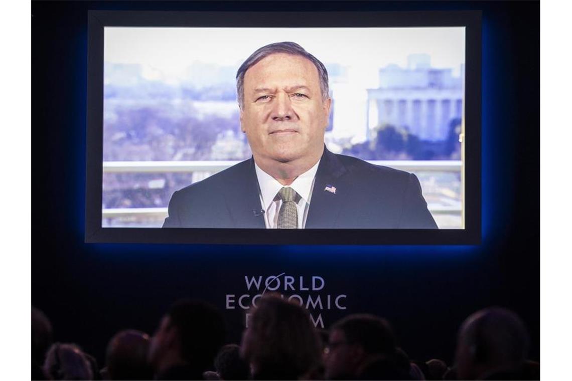 US-Außenminister Mike Pompeo ist nicht in Davos, aber per Video zu einer WEF-Sitzung zugeschaltet. Foto: Gian Ehrenzeller/KEYSTONE
