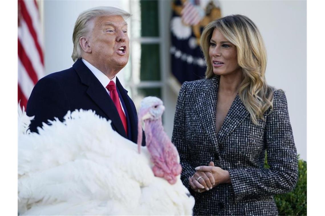 US-Präsident Donald Trump (l), First Lady Melania Trump und der Truthahn „Corn“ nach seiner Begnadigung. Foto: Susan Walsh/AP/dpa