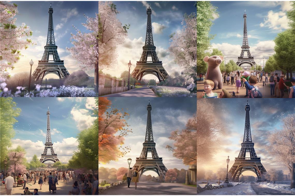 Wie viel KI verträgt die Kunst? Variationen eines Tags am Eiffelturm, geschaffen durch Midjourney: Ist es Kunst, und falls ja, wer ist der Künstler? Bild: Christopher Cocks
