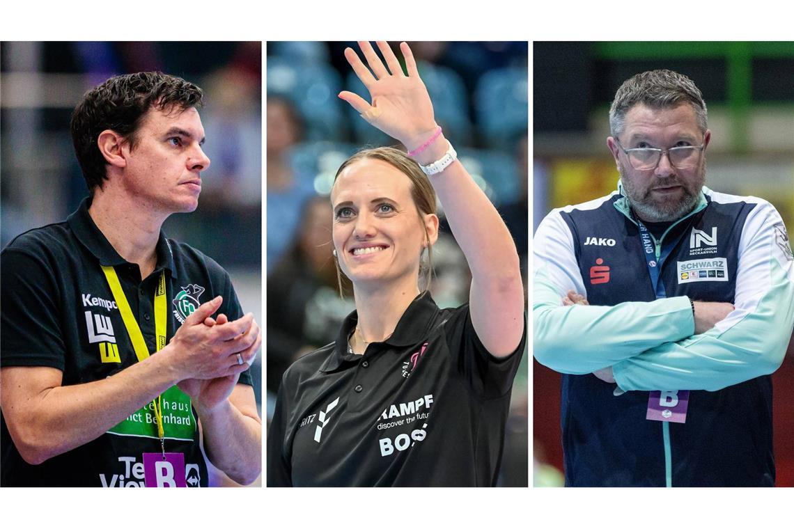 Verantwortung auf der Trainerbank (v. li.): Nico Kiener (Frisch Auf Göppingen), Miriam Hirsch (TuS Metzingen), Thomas Zeitz (Sport-Union Neckarsulm).