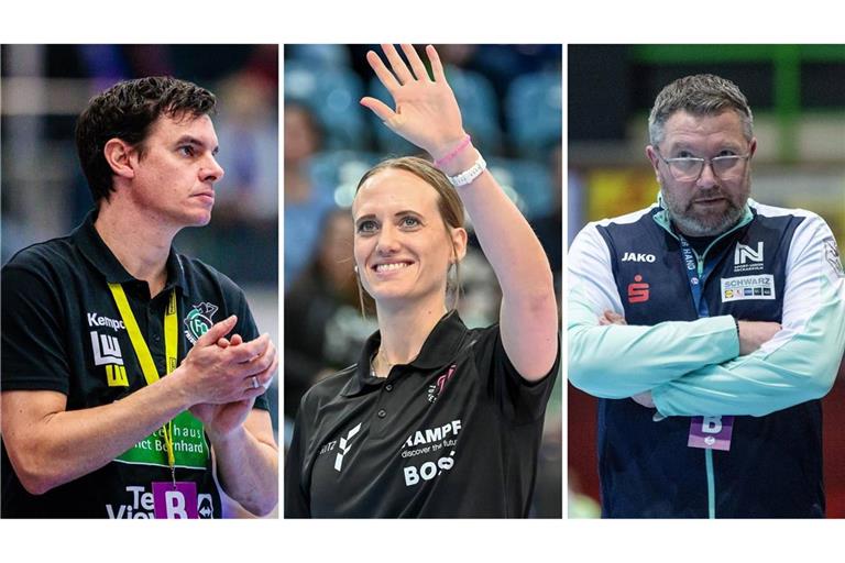 Verantwortung auf der Trainerbank (v. li.): Nico Kiener (Frisch Auf Göppingen), Miriam Hirsch (TuS Metzingen), Thomas Zeitz (Sport-Union Neckarsulm).