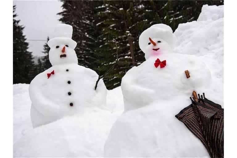 Vergänglich: Ein Schneemann und eine Schneefrau im Regen. Foto: Lino Mirgeler/dpa