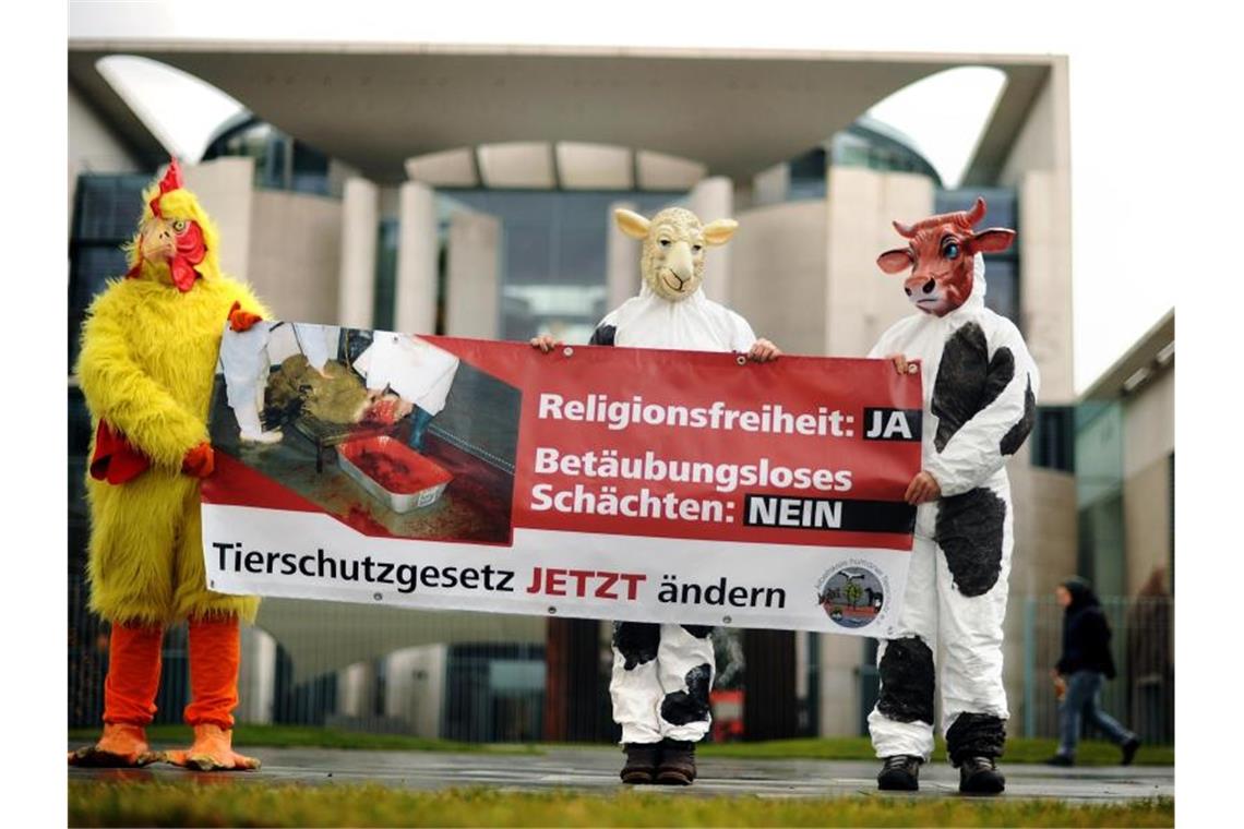 Verkleidete Aktivisten protestieren vor dem Kanzleramt gegen das betäubungslose Schächten (Archivbild). Foto: Michael Hanschke