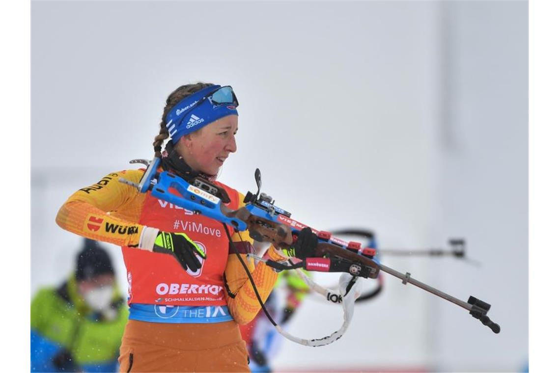 Verpasste beim Massenstart in Antholz nur knapp das Podium: Franziska Preuß. Foto: Martin Schutt/dpa-Zentralbild/dpa