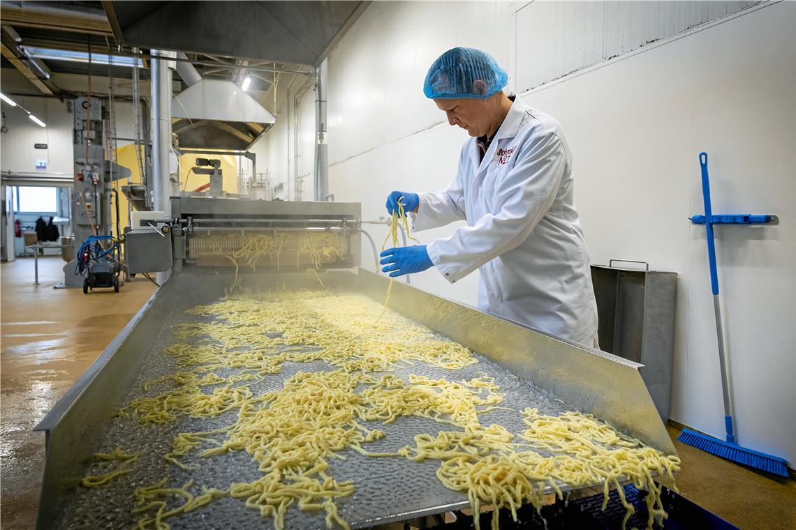 Spätzle aus Burgstetten wie von Hand gemacht Vertriebsleiter Joachim Roth prüft die Qualität der schwäbischen Spezialität. Fotos: Alexander Becher