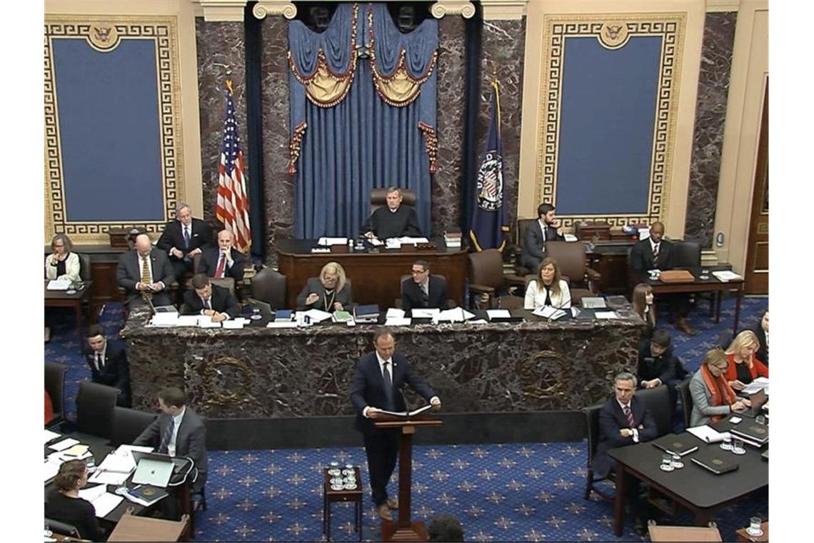 Videostandbild aus dem US-Senat: Der demokratische Kongressabgeordnete Adam Schiff, Vorsitzender des Geheimdienstausschusses, spricht während des Amtsenthebungsverfahrens gegen US-Präsident Trump. Foto: Uncredited/Senate Television/AP/dpa