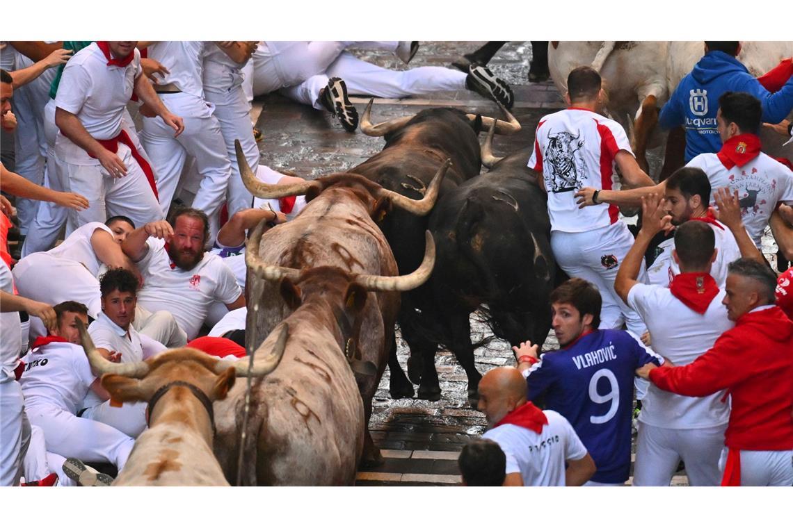 Sechs Verletzte bei siebtem Stierlauf in Pamplona Viel Tumult in engen Gassen und dazu 600 Kilogramm schwere Bullen lassen die Anspannung bei allen steigen.