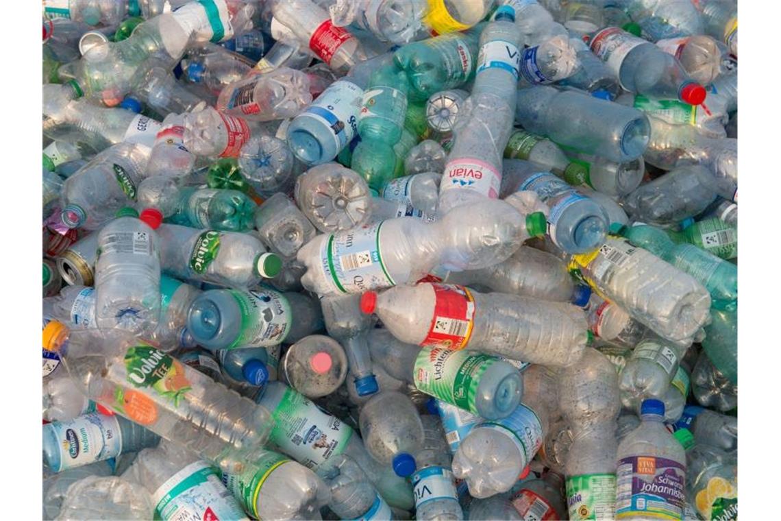 Behörde warnt vor Recycling-Problemen Viele Einwegflaschen aus Plastik liegen auf einem Haufen. Foto: Sebastian Kahnert/zb/dpa