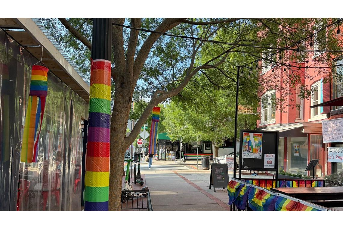 Angst, Widerstand - Wie Transpersonen unter Trump leben Viele Restaurants, Bars, Geschäfte und Vorgärten sind während der Worldpride mit Regenbogenflaggen dekoriert.