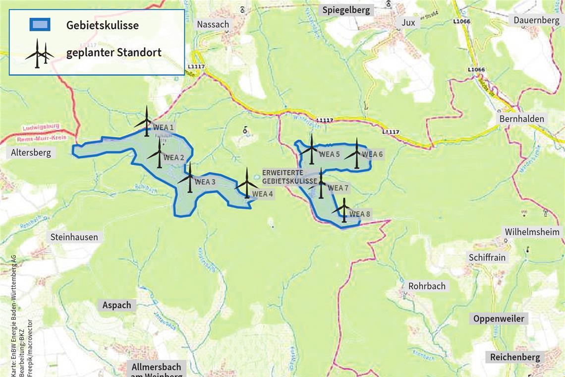 Oppenweiler will beim Windpark mehr Zeit gewinnen •Vier der acht geplanten Windräder stehen nach aktueller Planung im Wasserschutzgebiet. Karte: EnBW Energie Baden-Württemberg AG/Grafik: BKZ