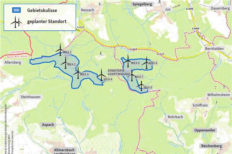 •Vier der acht geplanten Windräder stehen nach aktueller Planung im Wasserschutzgebiet. Karte: EnBW Energie Baden-Württemberg AG/Grafik: BKZ
