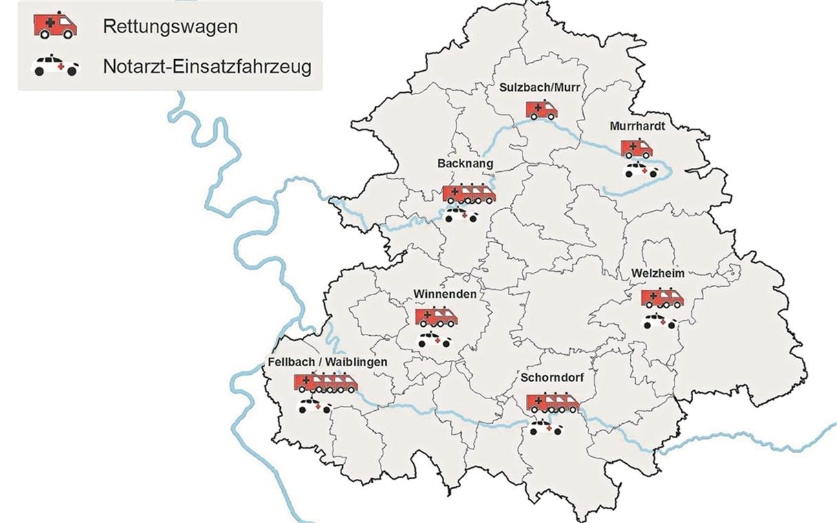 Neues Kapitel in der Notfallrettung Von sieben Standorten in der Notfallrettung sind künftig sechs mit einem Notarztwagen ausgestattet. Grafik: Landratsamt