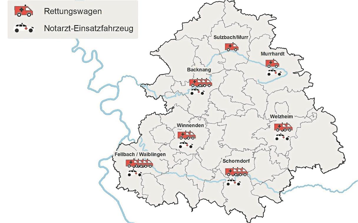 Von sieben Standorten in der Notfallrettung sind künftig sechs mit einem Notarztwagen ausgestattet. Grafik: Landratsamt