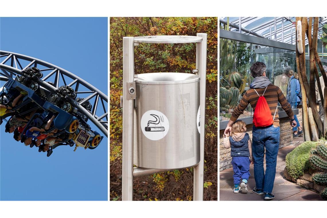 Vor allem, um Kinder und vulnerable Gruppen besser zu schützen, soll im Südwesten bald das Rauchverbot ausgeweitet werden – unter anderem wären davon auch der Freizeitpark Tripsdrill (links) und die Wilhelma (rechts) betroffen.