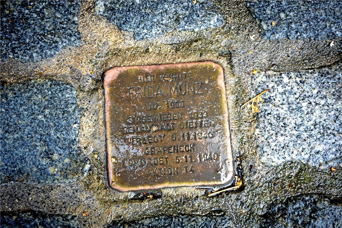 Vor der Eugen-Adolff-Straße liegt der Stolperstein für Frida Munz. Foto: Alexander Becher