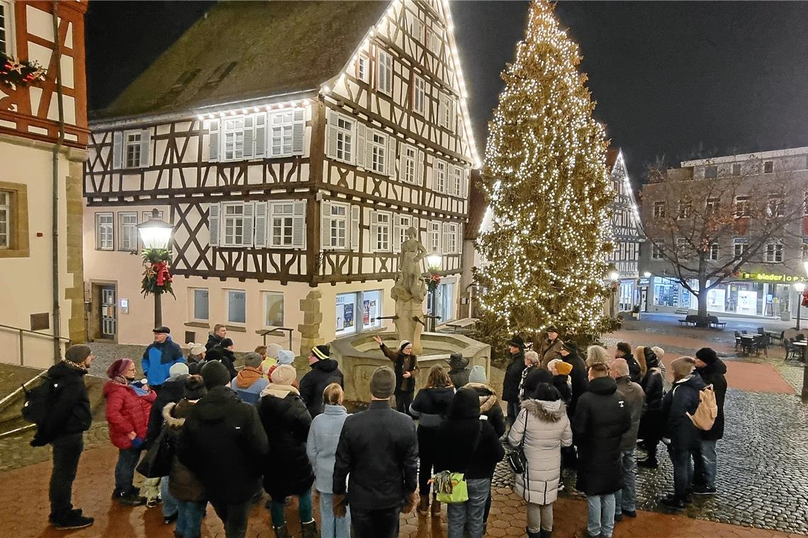 Während Gisela Weigle bei der Lichterglanz-Stadtführung Interessierten die Innenstadt zeigt, wird pünktlich die Weihnachtsbeleuchtung eingeschaltet. Foto: Florian Muhl