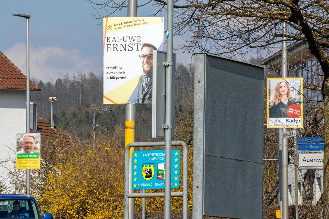 Eine(r) wird gewinnen! Wahlkampf in Auenwald auch per Plakatwerbung. Die drei ernsthaften Kandidaten Kai-Uwe Ernst, Matthias Bacher und Yvonne Bader lächeln seit einigen Tagen Fußgängern und Autofahrern im Gemeindegebiet entgegen, wie hier am Ortseingang von Unterbrüden. Foto: J. Fiedler