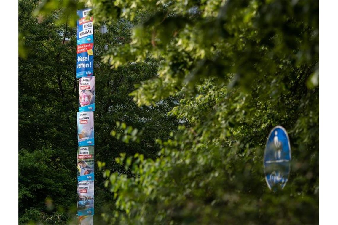AfD hat in vier Ost-Ländern zu wenig Kandidaten Wahlplakate der AfD zu den Europa- und Kommunalwahlen in Sachsen stapeln sich übereinander an einer Laterne. Foto: Robert Michael