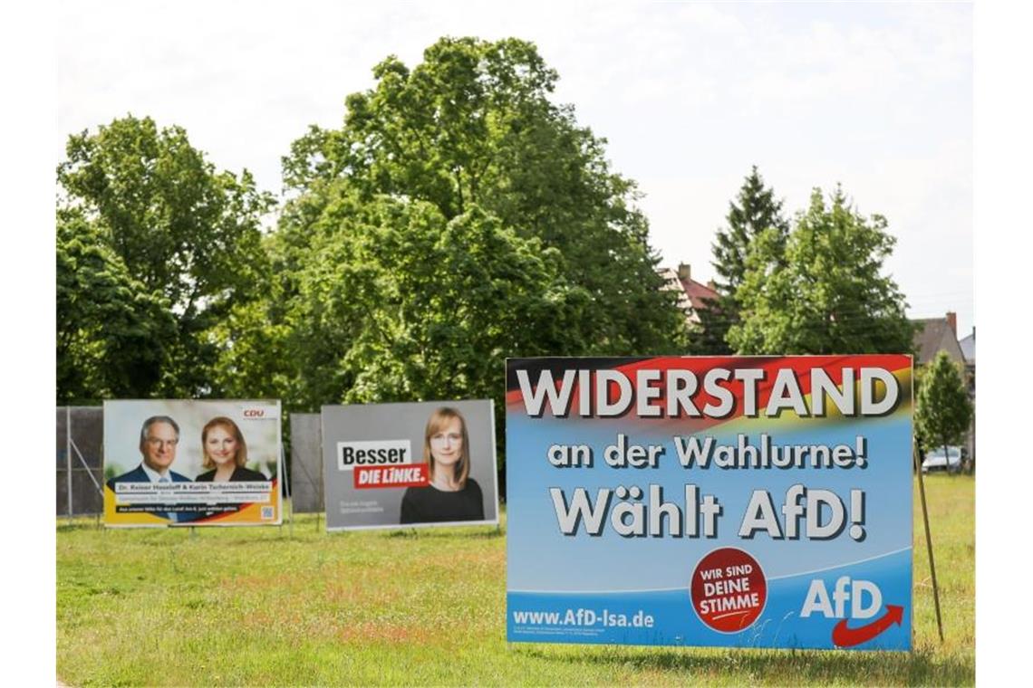 Parteien kämpfen um Unentschlossene in Sachsen-Anhalt Wahlplakate von CDU, der Linken und AfD werben um Stimmen. Foto: Jan Woitas/dpa