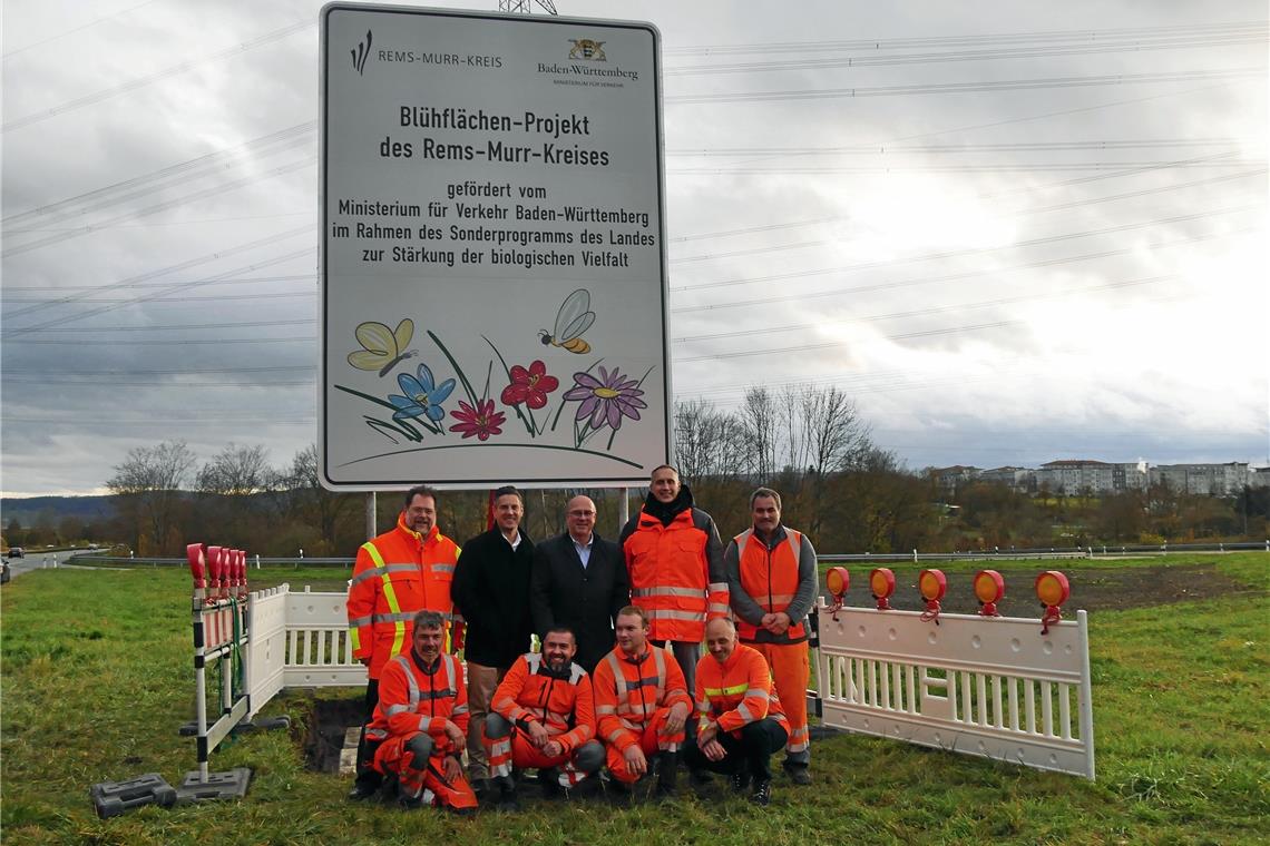 Waiblingens Baubürgermeister Dieter Schienmann (Mitte), Stefan Hein, Dezernent im Landratsamt für Bauen, Umwelt und Infrastruktur (2. von links), mit Mitarbeitern des Straßenbauamts auf der Blühfläche in Waiblingen-Nord. Foto: Landratsamt Rems-Murr