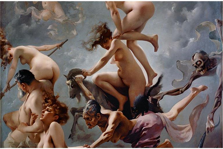 „Walpurgisnacht. Der Aufbruch der Hexen“, Ölgemälde von  Luis Ricardo Falero (1878):  In der Walpurgisnacht sollen Hexen auf Besen,  Katzen oder Ziegenböcken auf den Blocksberg im Harz reiten, um am großen Hexentanz teilzunehmen.