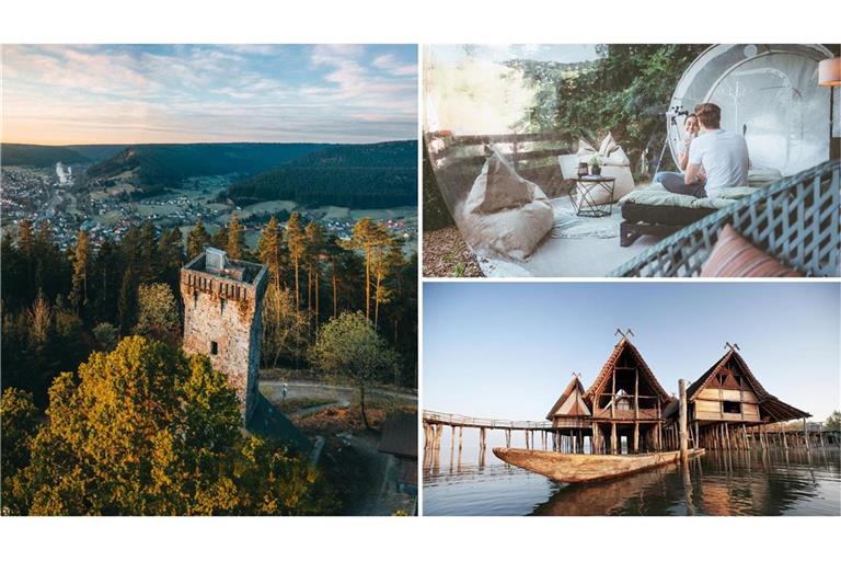 Wandern, entspannen und Geschichte erleben: Der Rinkenturm, Übernachten im Bubble Tent und die Pfahlbauten am Bodensee (im Uhrzeigersinn).