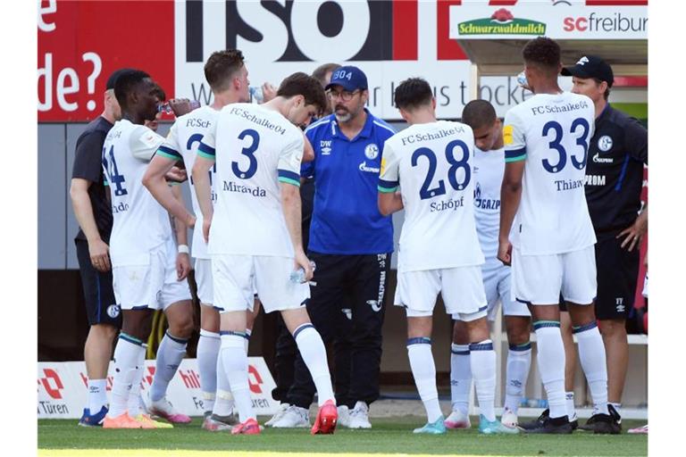 Waren in der Rückrunde „nicht mehr konkurrenzfähig“: Die Schalker um Trainer David Wagner (M.). Foto: Uli Deck/dpa