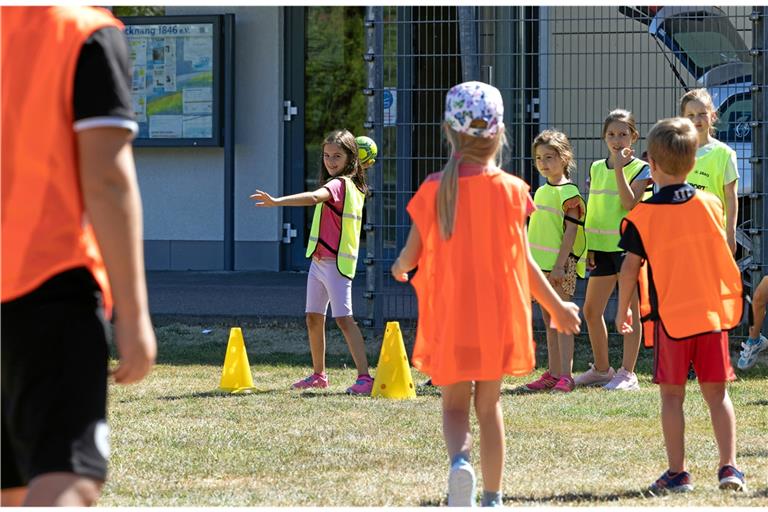 Wasser- und Ballspiele waren gestern bei Kindern im Grundschulalter auf dem Hagenbach angesagt. Die TSG lud zur Sommerferiensportwoche „Spiel, Sport Spaß“ ein. Foto: Alexander Becher