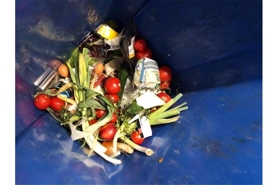 Weggeschmissene Lebensmittel liegen in einer Mülltonne. Foto: Christiane Raatz/dpa-Zentralbild/dpa/Archivbild
