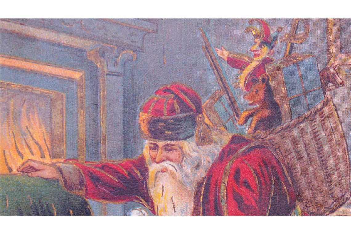 Weihnachtskarte um 1920: Nikolaus fragt  jedes Kind, ob es auch immer brav war. Den nur  brave Kinder kriegen Geschenke.