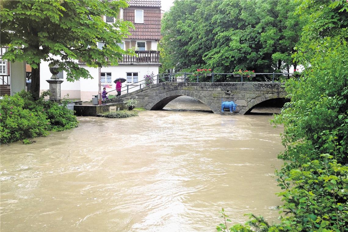 Weissach hat immer wieder mit Hochwasser zu kämpfen, so zum Beispiel Ende Mai 2013. Dem Schutz vor Überschwemmungen muss die Gemeinde daher hohe Priorität einräumen.Archivfoto: E. Layher