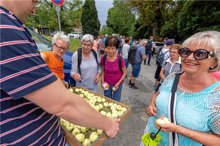 Weiße Klaräpfel als Stärkung: Die Wanderer bedienten sich kurz vor dem Start gerne.