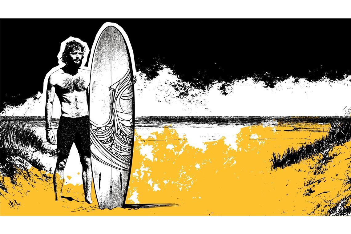 Wellenreiten ist ein Gegenpol zu unserer schnellen, digitalen Welt. Im Wasser ist man nicht erreichbar und am Strand gibt es vielleicht nicht mal Handyempfang oder asphaltierte Straßen.     Illustration:  KI/Midjournay/Sebastian Ruckaberle