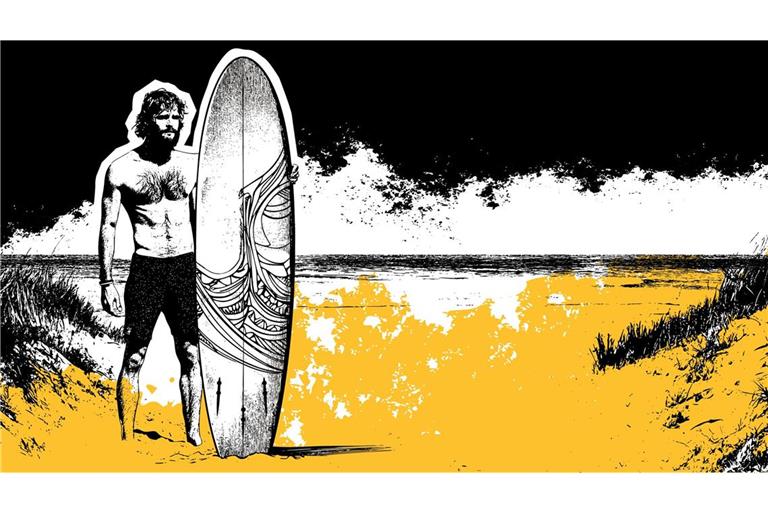 Wellenreiten ist ein Gegenpol zu unserer schnellen, digitalen Welt. Im Wasser ist man nicht erreichbar und am Strand gibt es vielleicht nicht mal Handyempfang oder asphaltierte Straßen.     Illustration:  KI/Midjournay/Sebastian Ruckaberle