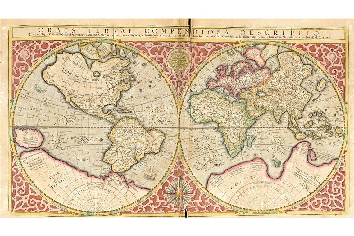 Weltkarte aus dem Jahre 1623: digital restaurierte Reproduktion von einem Kupferstich von Gerhard Mercator, geboren als Gheert Cremer (1512-1594).