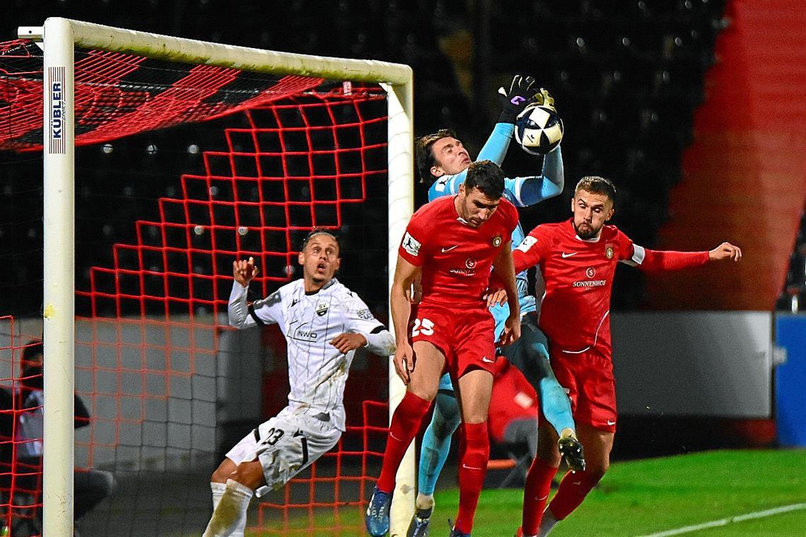 Wenig später liegt der Ball im Sandhausener Tor, der vermeintliche 2:2-Ausgleichstreffer findet aber keine Anerkennung. Foto: Tobias Sellmaier