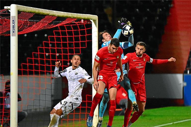Wenig später liegt der Ball im Sandhausener Tor, der vermeintliche 2:2-Ausgleichstreffer findet aber keine Anerkennung. Foto: Tobias Sellmaier
