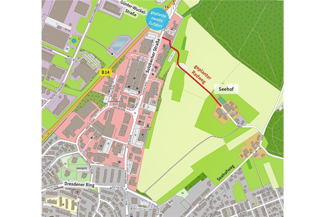 Radweg vom Seehof zur Sulzbacher Straße Wenn die zweite Zufahrt zum Industriegebiet Lerchenäcker gebaut wird, werden die Belange von Radfahrern gleichberechtigt berücksichtigt. Karte: OpenStreetMap/ODbL/BKZ