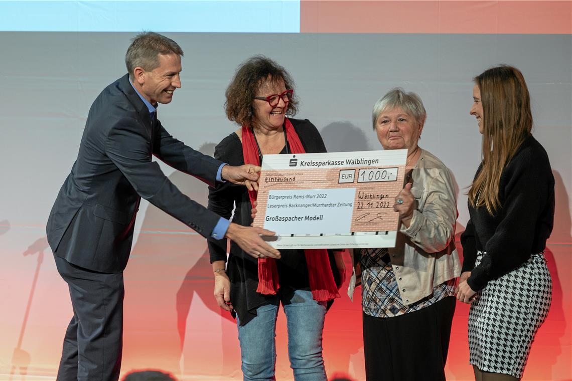 Die Wahl für den Leserpreis beginnt Wer bekommt diesmal den großen Scheck? Im vergangenen Jahr überreichte ihn Redaktionsleiter Kornelius Fritz an Claudia Berr, Franziska Behabetz und Nathalie Kress (von links) vom Großaspacher Modell. Dieses Jahr gibt es sogar 2000 Euro Preisgeld. Foto: Alexander Becher