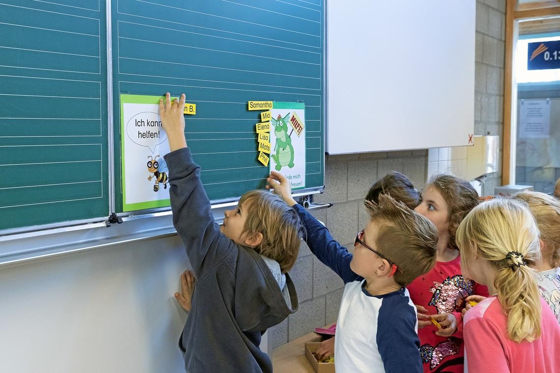 Wer kann helfen? Wer braucht Hilfe? An der Tafel können die Kinder ihre Namen neben dem jeweiligen Plakat platzieren.