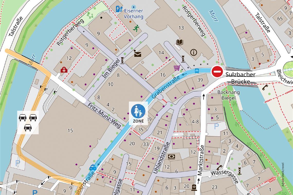 Backnanger Grabenstraße wird größtenteils autofrei Wer mit dem Auto in die Grabenstraße möchte, muss künftig einen Umweg in Kauf nehmen. Der vordere Bereich bis zum Drogeriemarkt Müller wird zur Fußgängerzone (blau markiert). Nur Busse, Taxis und Lieferverkehr dürfen weiterhin dort fahren. Karte: OpenStreetMap/J. Bauer