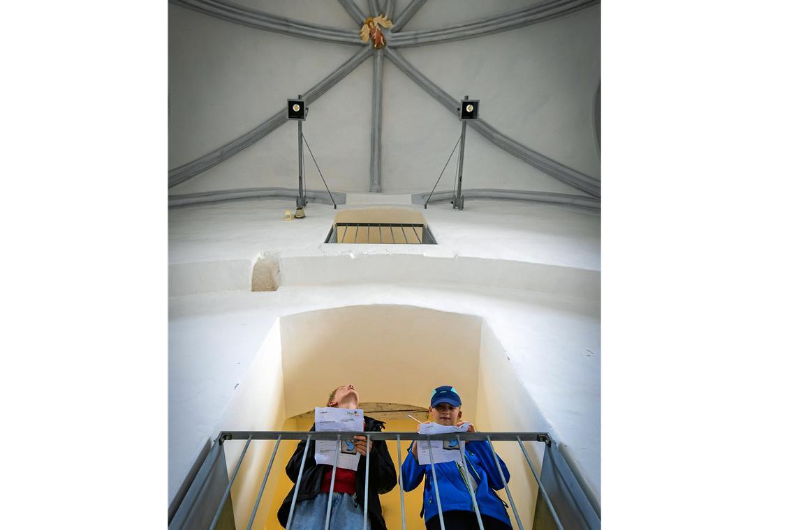 Die eigene Heimat bewusster wahrnehmen Wer wacht an der Decke im gotischen Chor der Galerie der Stadt Backnang? Robin (links) und Alexander gucken ganz genau nach, ob es der Erzengel Gabriel ist. Fotos: Alexander Becher