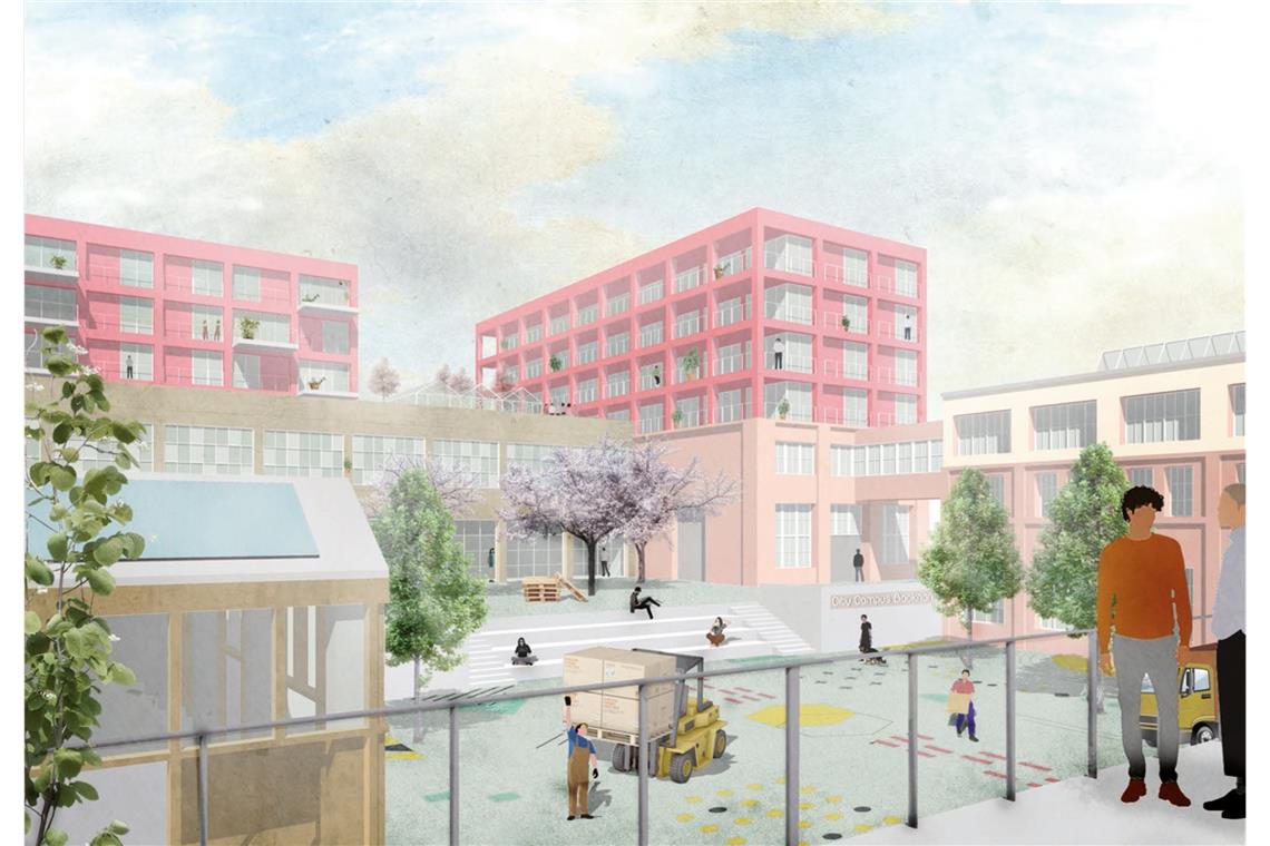 Wettbewerb „Quartier Backnang West“: CityCampus soll produktiver Hof mit Forschung, Gewerbe und Wohnen werden. Visualisierung: Teleinternetcafe/Treibhaus